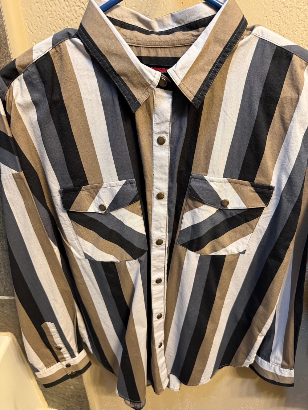 Striped Button-Up Shirt in Black, White & Tan